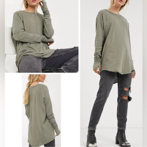 Free People We The Free Arden Long Sleeve Shirt Washed Army NWOT Size Large - Picture 1 of 8